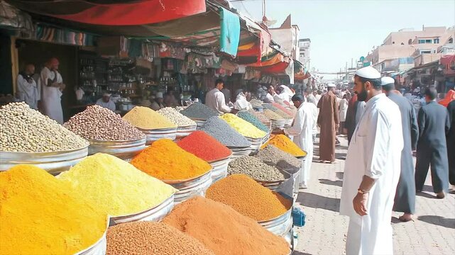 Vibrant spice market scene; colorful mounds of spices in metal bins, bustling with people in traditional clothing