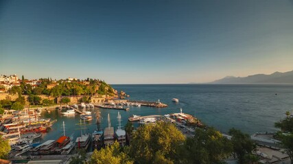 sunny day antalya city bay famous dock port traffic rooftop panorama timelapse 4k turkey
