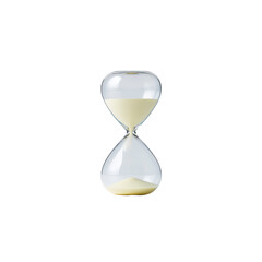 Clear glass hourglass with white sand elegantly flows from top chamber to bottom, symbolizing passage of time. minimalist design evokes sense of calm and focus