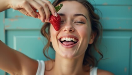 Joyful woman playfully holding a strawberry