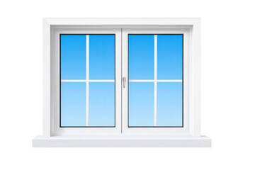 White framed window with clear glass panes reflects bright blue sky, creating serene and open atmosphere. window design is simple and modern, enhancing any interior space