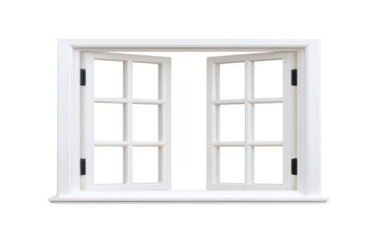 Open white window with double panes and black hinges, isolated on transparent background. window is framed in classic style, allowing for clear view through glass