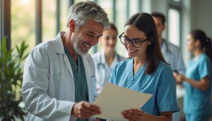 Doctors sharing a joyful moment over a patient chart