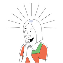 Smiling woman of Asian descent clasps her hands together under a radiant halo