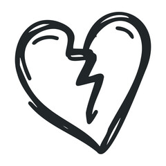 Hand-drawn broken heart icon with zigzag crack in black and white – stock vector icon in line drawing style