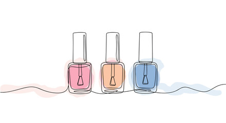 Nail polish set in various colors - one line doodle drawing with watercolor fill, minimalistic vector illustration on white background