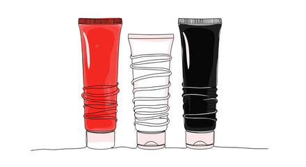 Hair dye tubes in multiple shades one line doodle drawing with watercolor fill, minimalistic vector illustration on white background