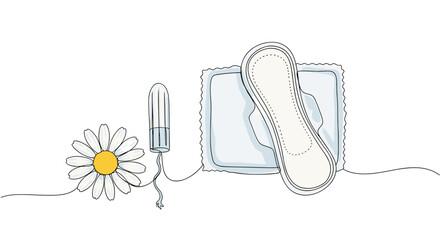 Fototapeta premium Sanitary pad, tampon and flower one line doodle drawing with watercolor fill, minimalistic vector illustration on white background svg