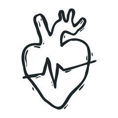 Hand-drawn anatomical heart with heartbeat line illustration – stock vector icon in line drawing style