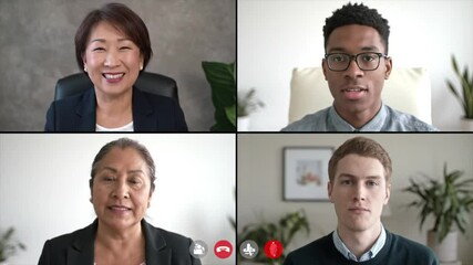 Four people on a video conference call with diverse ethnicities in a split screen display format - Powered by Adobe