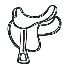 Hand-drawn outline of an equestrian saddle with stirrups – stock vector icon in line drawing style