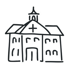 Hand-drawn sketch of a vintage church with a steeple and cross – stock vector icon in line drawing style