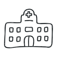 Hand-drawn hospital building illustration with cross symbol – stock vector icon in line drawing style
