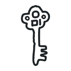 Vintage skeleton key outline drawing with ornate design – stock vector icon in line drawing style