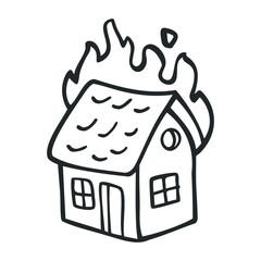Simple illustration of house on fire with flames – stock vector icon in line drawing style