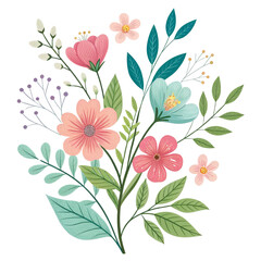 Floral Bouquet Illustration Pink, Teal, Green Flowers and Leaves, Isolated on Transparent Background, Floral design, Spring flowers, Flower arrangement
