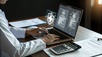 Health insurance digital service showing doctor managing medical insurance claims, healthcare protection, and online patient coverage support.