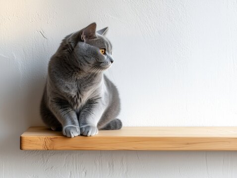 Russian Blue cat sits peacefully in warm sunlight, highlighting its sleek blue-gray fur.