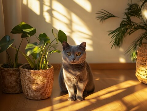 Russian Blue cat sits on floor in sunlight, surrounded by lush indoor houseplants, calm and cozy.