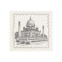 Hand-Drawn Taj Mahal Postage Stamp Illustration, Isolated on Transparent Background, India, Architecture, Travel, India, Monument, Sketch