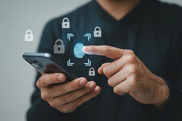 Person using fingerprint scanner on smartphone for secure mobile access and data protection
