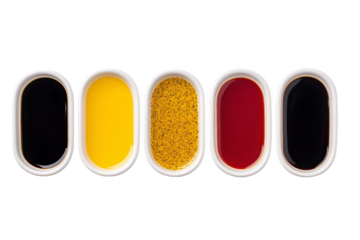Five oval dishes filled with different sauces are arranged row, showcasing variety of colors and textures. sauces include dark soy, bright yellow mustard, speckled mustard, red ketchup