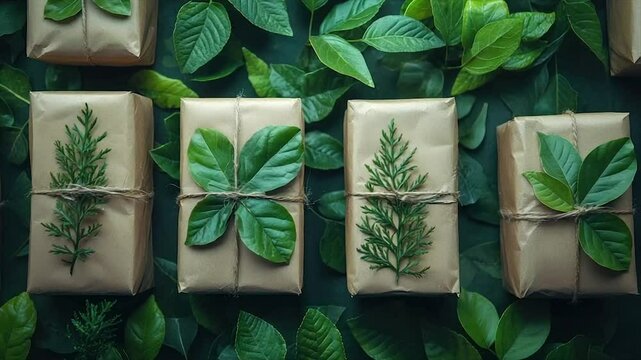 Eco-friendly gifts wrapped in brown paper and adorned with fresh green leaves