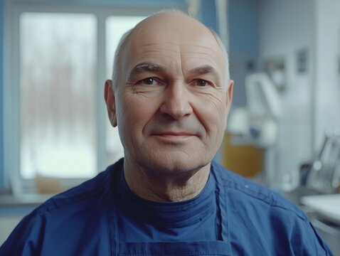 Portrait of male veterinarian in blue medical scrubs, confident and caring expression.