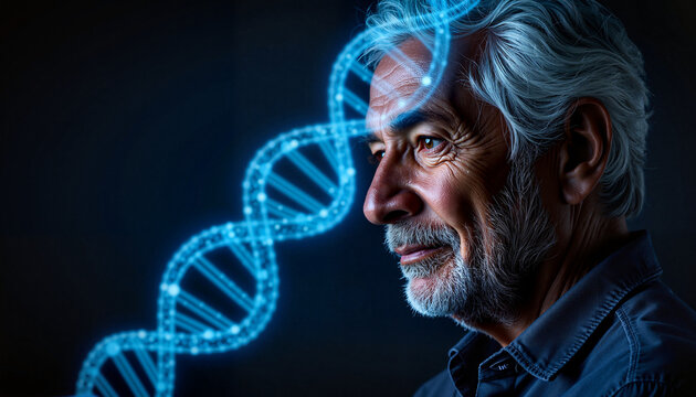 Elderly man contemplating DNA testing with digital visualization in dark  