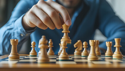 Businessman moving chess piece on chess board top view. Chess game, strategy, success, leadership, victory concept. Strategic planning, intelligence, business, challenge, competition, teamwork