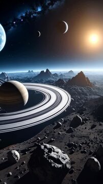 Spectacular cosmic scene featuring a ringed planet, Earth-like world, and moons above a rocky, mountain-filled alien landscape.
