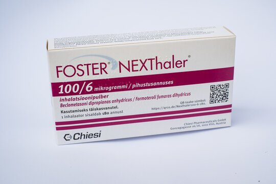 Tallinn, Estonia - June 15, 2025: Foster NEXThaler by Chiesi for treating asthma. Medicine or pharmacy concept.