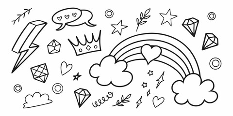 Collection of hand drawn doodle elements with rainbow, hearts, stars and diamonds in black outlines on transparent background