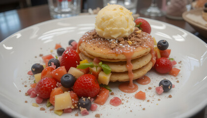 A stack of pancakes with fruit and ice cream on top. The pancakes are topped with blueberries, strawberries, and bananas. The plate is white, and the food is colorful
