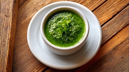 Fresh Green Pesto in a White Bowl on Wooden Table