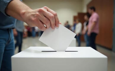 Person  putting  vote into ballot box on wooden table against Blur People In background, closeup. Space for text
