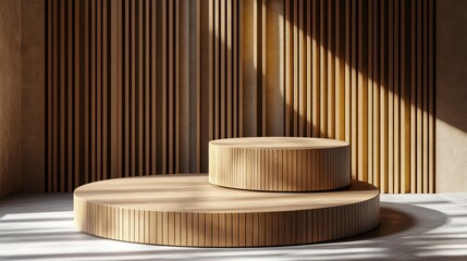 Light-brown wooden display podiums in a minimalist setting.