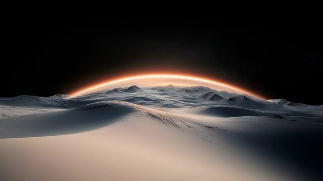 A breathtaking winter terrain glows under a celestial horizon, where soft snowdrifts meet the enchanting light of twilight. Nature's beauty captivates the observer in this serene, tranquil moment.