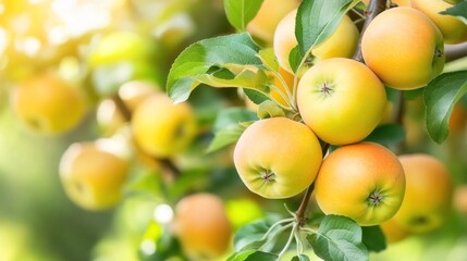 Ripe apples hanging from branches of a tree.