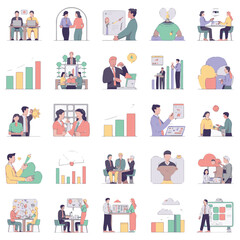 Fototapeta premium For digital use, an editable vector bundle of 36 business scenarios featuring professional communication, teamwork, project planning, and growth plans is available. 