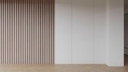 Modern Minimalist Interior Design featuring Wood Slat Wall and White Wall Mockup for Art or Decor