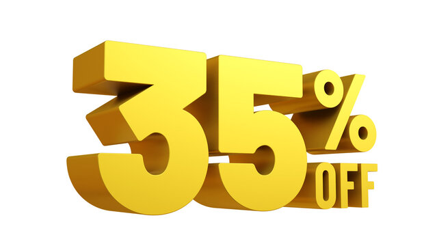 3D render gold text 35 percent off isolated background. Yellow Off 35 percent. Sale, bonus, promotion or discount concept. Sale banner.