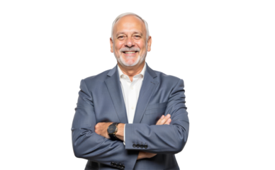 Proud portrait of older senior businessman professional ceo, coach, leader looking at camera near office. Smiling confident isolated on transparent background, PNG