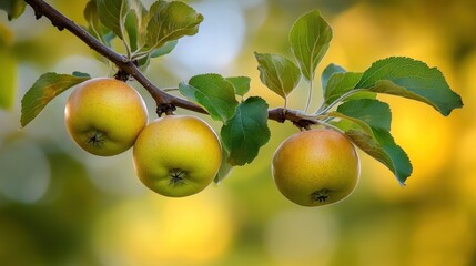 Three ripe apples on a branch.