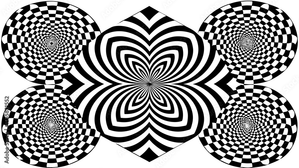 Poster abstract black and white geometric design featuring concentric lines and checkerboard patterns creat