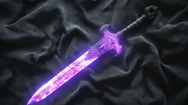 Ornate sword with a violet blade on dark fabric.