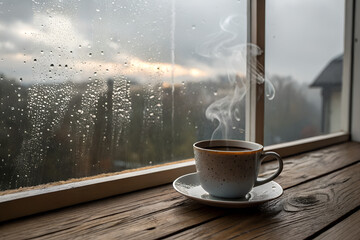 cup of coffee on wooden table