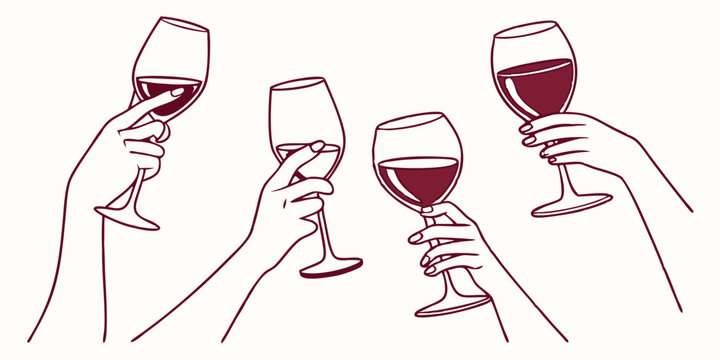 Elegant outline illustration of hands holding wine glasses with red wine suitable for celebration themes