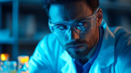 A_scientist_wearing_safety googles and mixing chemicals.