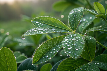 green leaves with dew drops